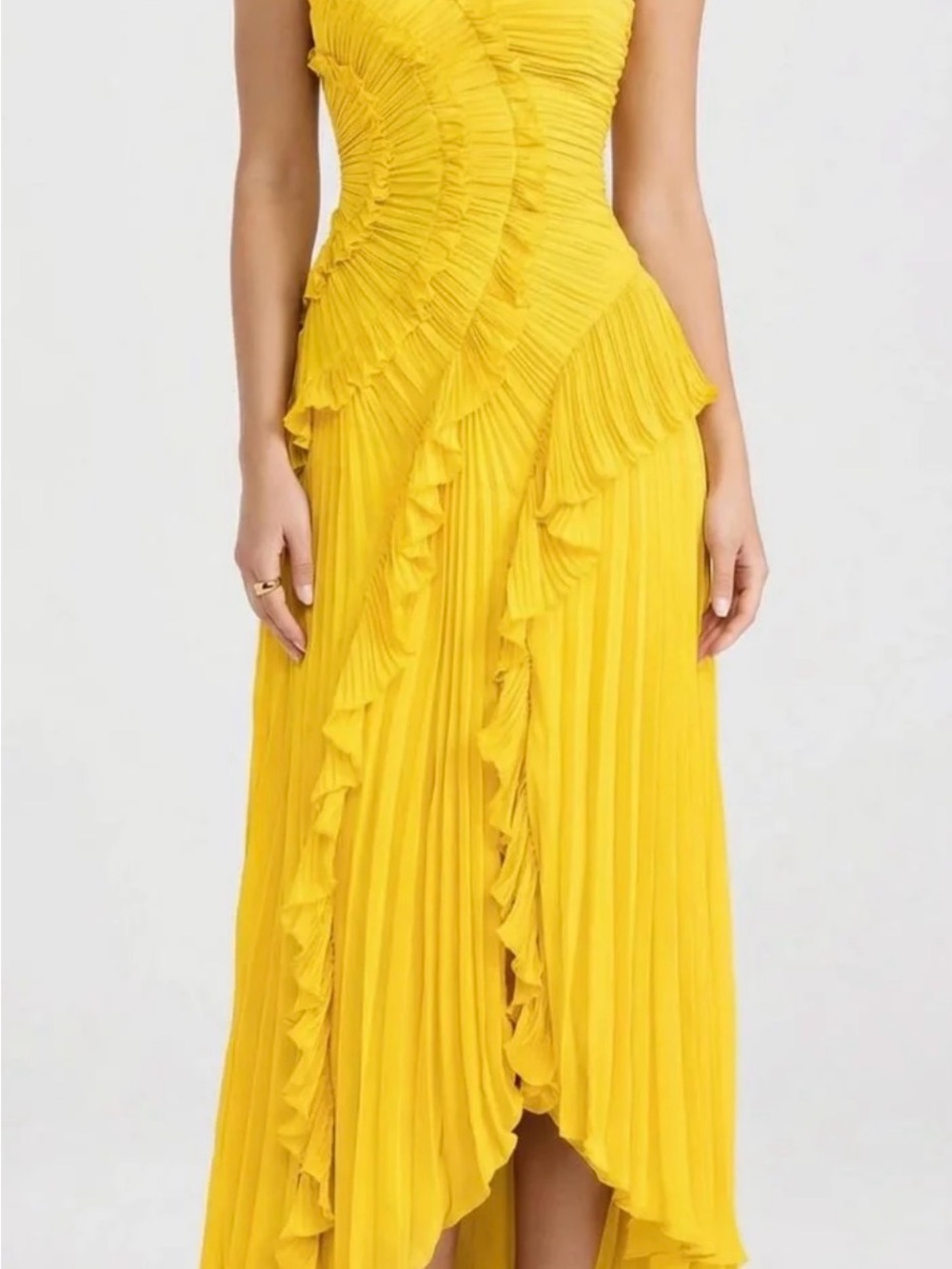 Bright Yellow Pleated High-Low Ruffle Skirt - Women